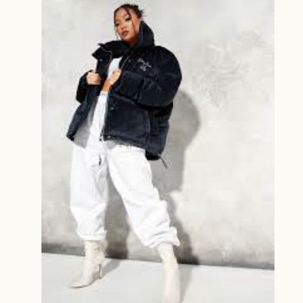 Sean John X Missguided Puffer Jacket Womens 2 US Navy Blue Velour Oversized Y2K - Picture 6 of 16